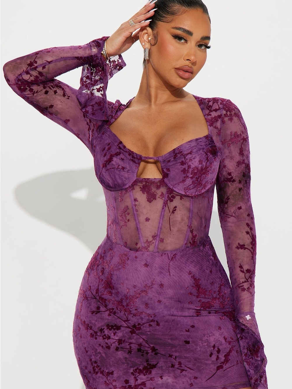 Fashion Nova Purple Floral Mesh Long Sleeve Bodycon Dress